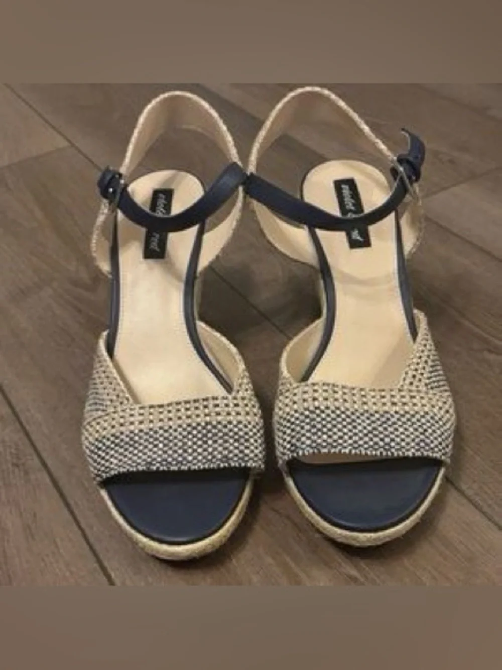 Violet & Red Micah Textured Stylish Espadrille Wedge Sandals in Navy and Tan.
